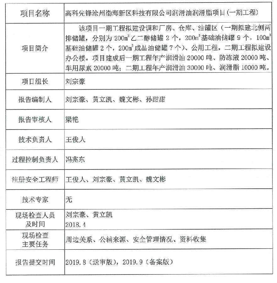 高科先锋沧州渤海新区科技有限公司润滑油润滑脂项目(一期工程)