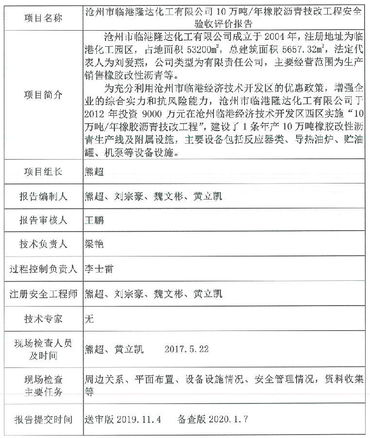 沧州市临港隆达化工有限公司10万吨/年橡胶沥青技改工程安全验收评价报告